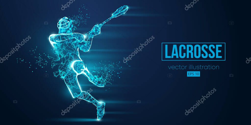 Abstract silhouette of a wireframe lacrosse player from particles on the blue background. Convenient organization of eps file. Vector illustartion.