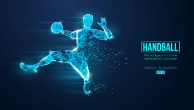 Arka plandaki parçacıklardan bir kablo hentbol oyuncusunun soyut silueti. EP dosyasının uygun organizasyonu. Vektör çizimi. İzlediğiniz için teşekkürler.