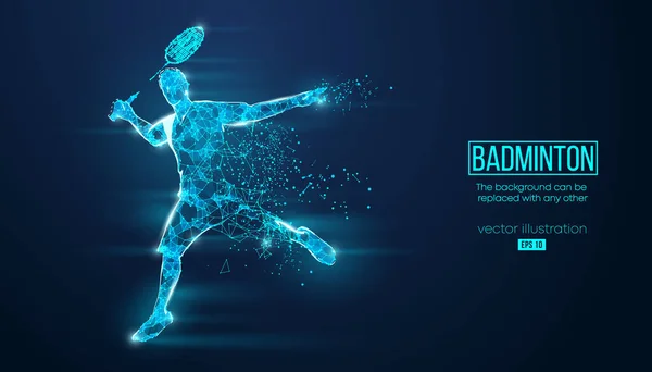 Arka plandaki parçacıklardan bir badminton oynatıcısının soyut silueti. EP dosyasının uygun organizasyonu. Vektör çizimi.