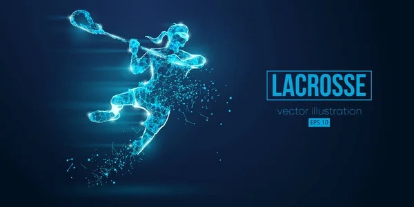 Abstrakte Silhouette eines Wireframe Lacrosse Players aus Partikeln auf blauem Hintergrund. Bequeme Organisation der eps-Datei. Vektorillusion. Danke fürs Zuschauen — Stockvektor