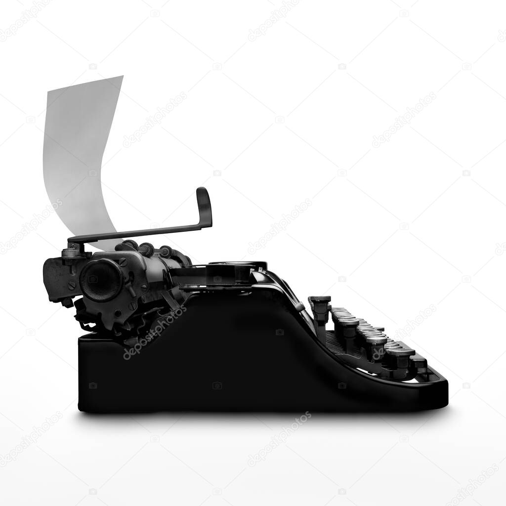 Low key photography of a typewriter with paper page against white background.