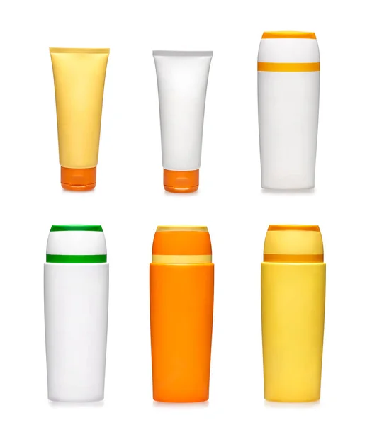 一般的な容器の6つのサンプル 美容品 白地に日焼け止めボトル ストック画像