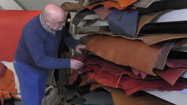 Leather goods master craftsman at work — Stock Video