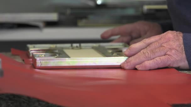 Lederen goederen meester ambachtsman op het werk — Stockvideo