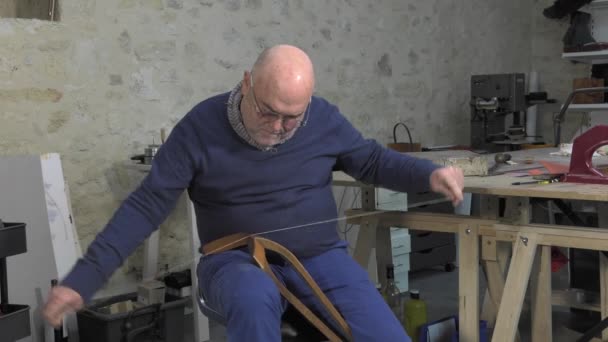 Artigos de couro mestre artesão no trabalho — Vídeo de Stock