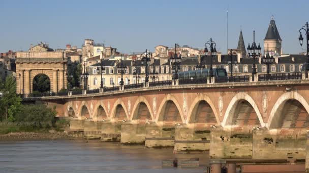 A ponte de pedra em Bordeaux com bondes — Vídeo de Stock