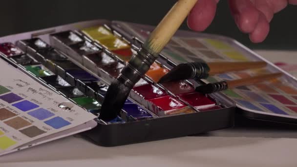 Pincel tomando aquarela na paleta — Vídeo de Stock