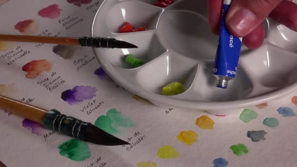 Blauwe gouache buis wordt gegoten in het palet — Stockvideo