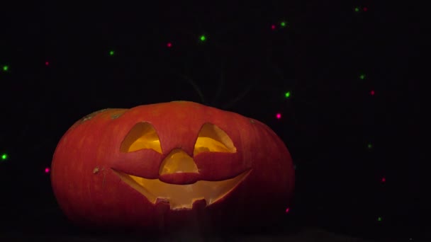 Happy halloween pumpkin in front of laser lights — Stock Video