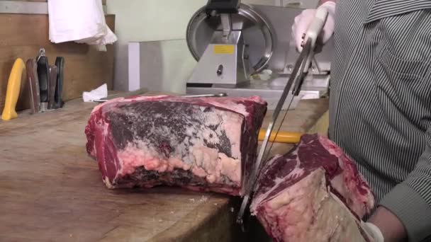 Schneiden Sie ein Stück Steak — Stockvideo