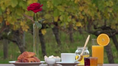 Üzüm bağları arka plan üzerinde Fransız Kahvaltı,