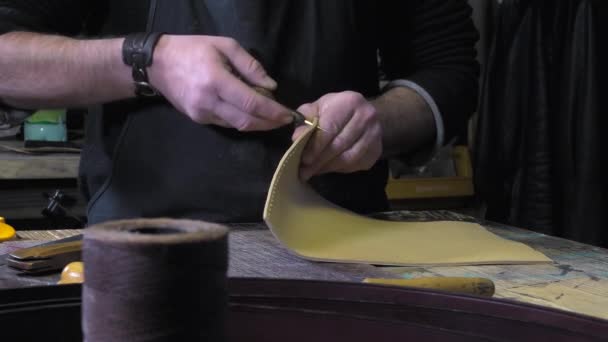 Lederen goederen ambachtsman op het werk in zijn atelier — Stockvideo