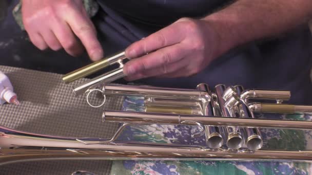 Reparatör av mässing och trä blåsinstrument — Stockvideo