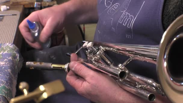 Tukang reparasi alat musik tiup kuningan dan kayu — Stok Video