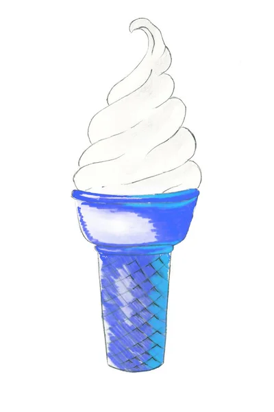 White ice cream in a bright blue cup on a white background