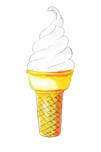 White ice cream in a bright yellow cup on a white background