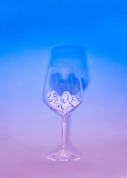 Dices Wine Glass Sky Blue Pink Neon Background Minimal Still — Stock Photo, Image