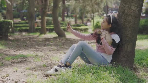 女孩和她的微型奇瓦瓦犬坐在公园拍照 — 图库视频影像