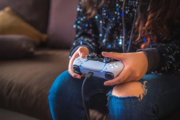 Young Woman Holding Game Controller Playing Video Games — Stock Photo, Image