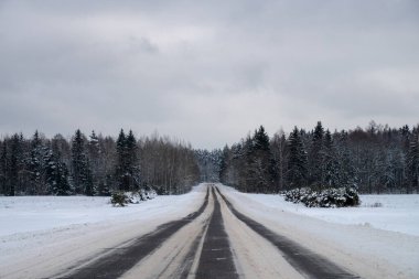Kırsal kesimde kışın arka planda ağaçlar ve iğneler olan bir yol.