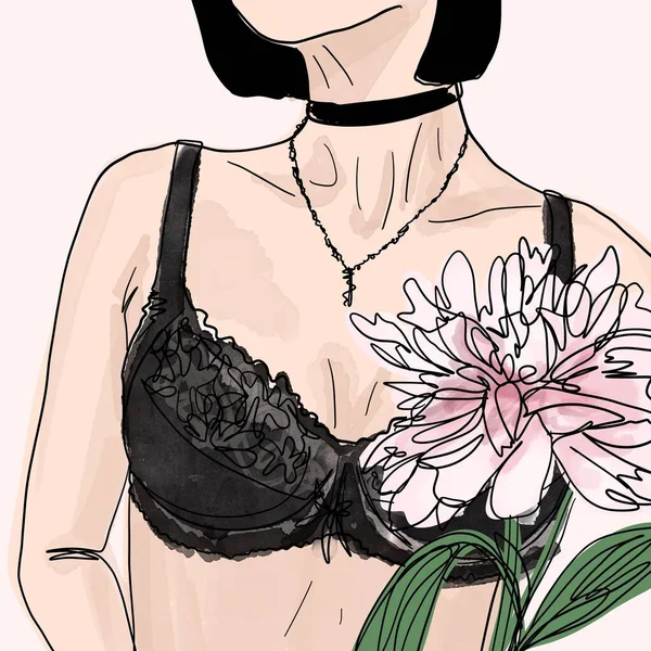Woman Black Bra Peony Her Hand One Line Drawing Background — Stock Photo, Image