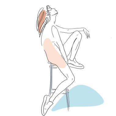 Çıplak genç bir kadının çizim tarzı. Minimalist bir geçmiş. Moda duvar kağıdı