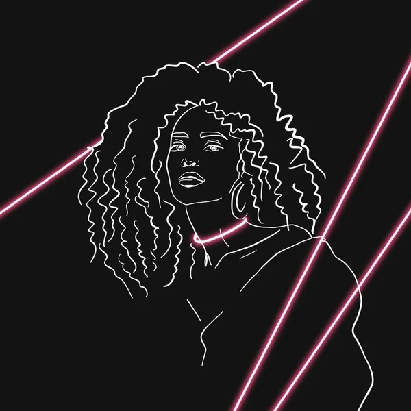 One line art style woman. Pink neon line on the dark background. Outline design wallpaper