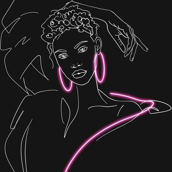 1つのラインアートスタイルの女性 暗い背景にピンクのネオンライン デザイン壁紙 — ストック写真