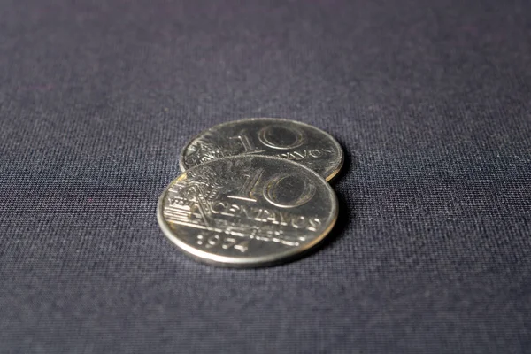 Two Overlapping Old Ten Cent Coins Dated 1974 Used Brazil — Stock Photo, Image