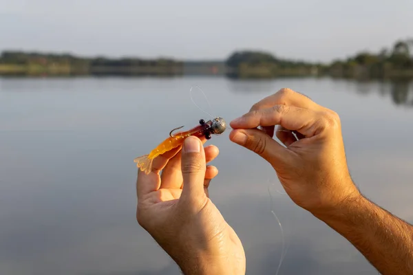 Hands White Man Passing Nylon Fishing Line Shrimp Shaped Bait — Stock Photo, Image