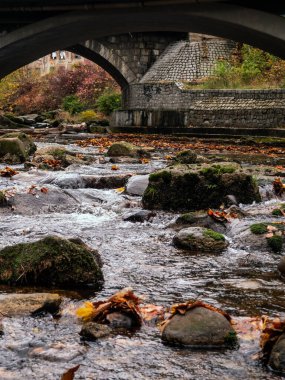 Nehrin ortasında şelaleli küçük bir köprünün dikey görüntüsü.
