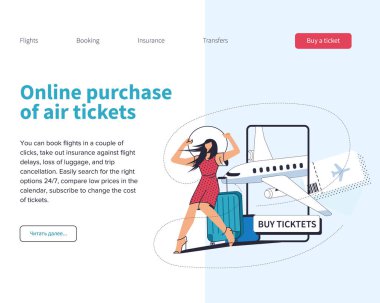 Havayolu şirketinin web sitesi için bir vektör illüstrasyon koleksiyonu. Online bilet satışları
