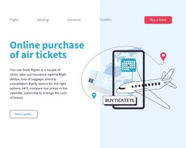 Havayolu şirketinin web sitesi için bir vektör illüstrasyon koleksiyonu. Online bilet satışları