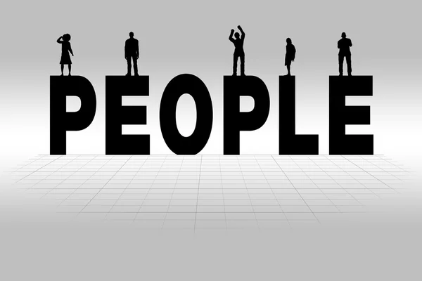 İnsanlar kavramı kişi tarafından resimli kelime ve bir grup insan silueti — Stok fotoğraf