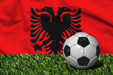 Futbol topu ile Arnavutluk bayrağı arka plan, çimenlerin üzerinde 3d render