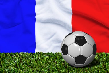 Futbol topu ile Fransa bayrağı arka plan, çimenlerin üzerinde 3d render