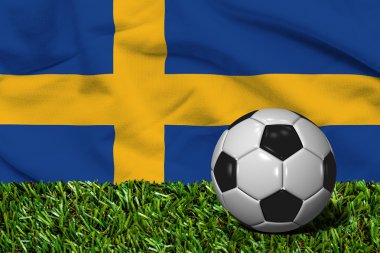 Futbol topu ile İsveç bayrağı arka plan, çimenlerin üzerinde 3d render