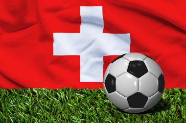 Futbol topu ile İsviçre bayrağı arka plan, 3d Render çimenlerin üzerinde