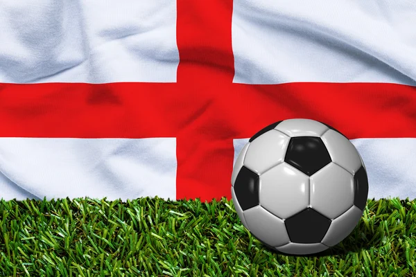 足球在英国国旗背景下，草地上的 3d 渲染 — 图库照片