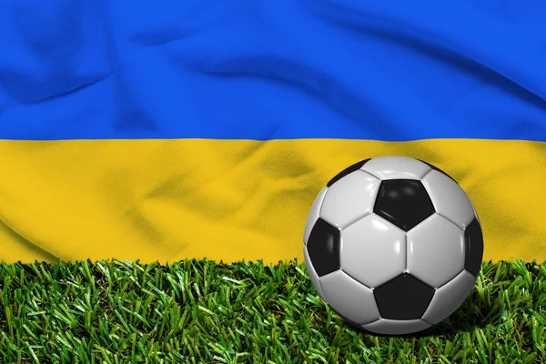 Soccer Ball on Grass with Ukraine Flag Background, 3D Rendering — Stock Photo, Image