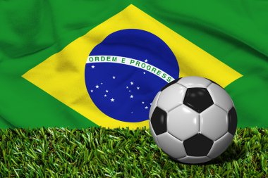 Futbol topu ile Brezilya bayrağı arka plan, çimenlerin üzerinde 3d render