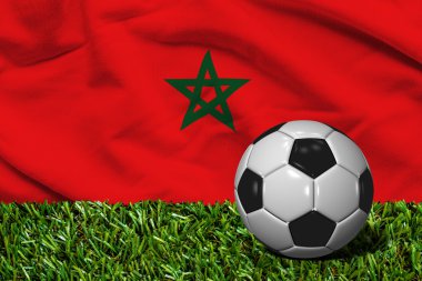 Futbol topu ile Fas bayrak arka plan, çimenlerin üzerinde 3d render