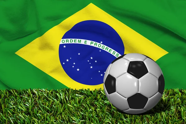 Pelota de fútbol sobre hierba con fondo de bandera de Brasil, representación 3D — Foto de Stock