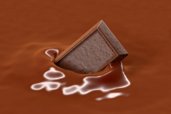 Schokoladenstück Tropfen in Schokoladenmilch, 3D-Rendering — Stockfoto