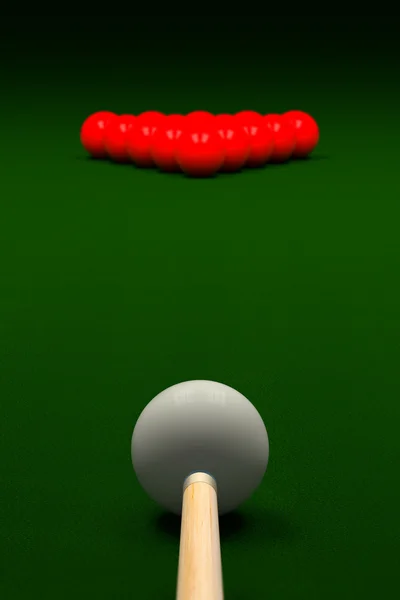 Cue Apontando bola branca ou bola de matiz na mesa de sinuca, renderização 3D — Fotografia de Stock