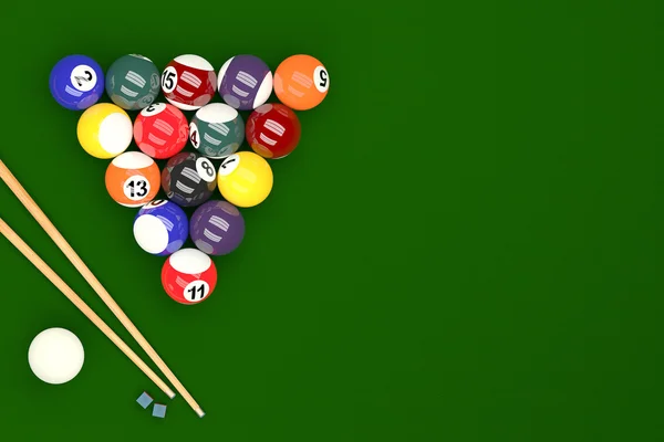 Bolas de piscina en el fondo de la mesa de billar, renderizado 3D —  Fotos de Stock