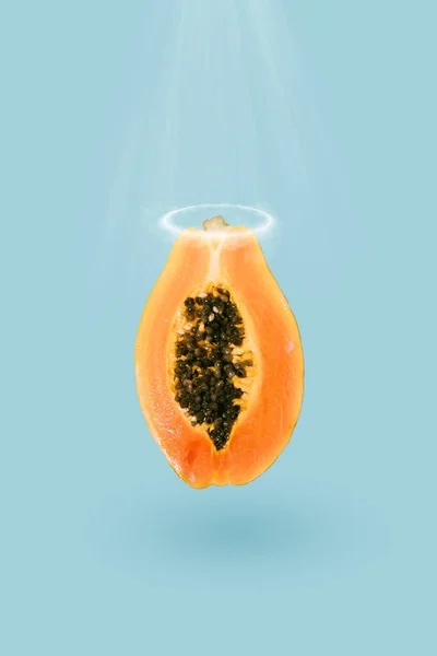 Fresh Papaya Black Seeds Blue Background Halo Top Summer Day — Stock Photo, Image