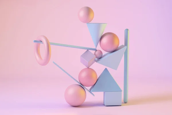 Abstrakte Gerenderte Szene Geometrischer Formen Gleichgewicht Kugeln Dreiecke Quadrate Stiere — Stockfoto