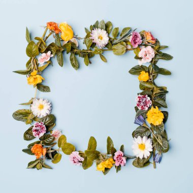 Mavi pastel arka planda farklı çiçeklerden oluşan kare bir çerçeve. Kopya alanı ile üst görünüm modellemesi.