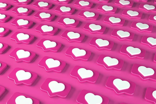 模式社交媒体消息和通知图标上的粉红别针与心脏 3D说明 — 图库照片
